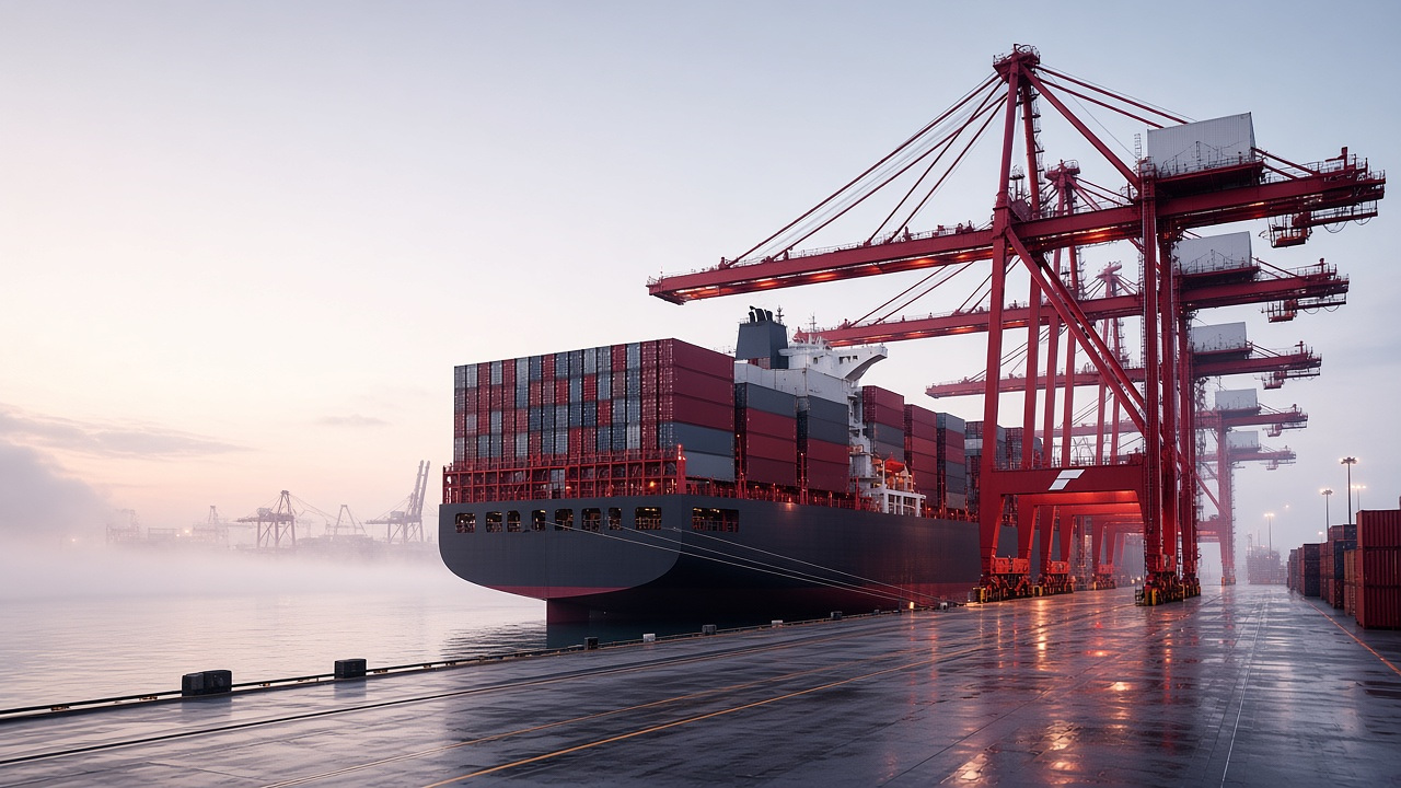 Global container vessel and port illustrating the connected logistics network